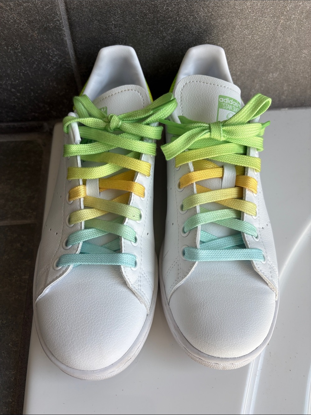 adidas Stan Smith White Sneakers with Green, Yellow & Mint Gradient Laces